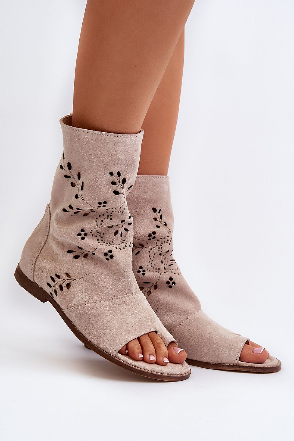 Avelynna Suede Openwork Zip Sandals with high zippered upper, intricate detailing, flat heel, and soft leather insole.