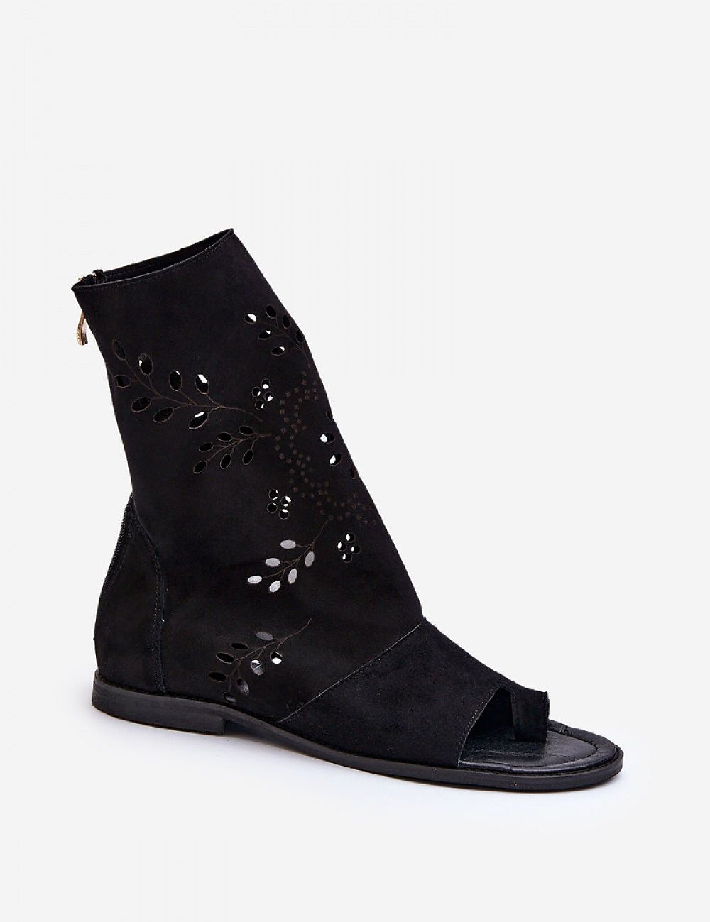 Avelynna suede openwork zip sandals in black with intricate detailing and flat heel, perfect for casual and dressier occasions.