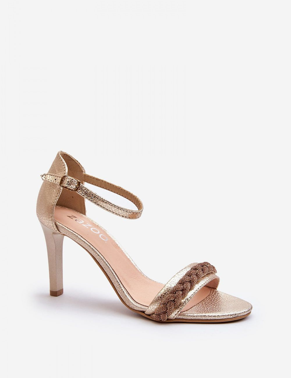 Elegant Elvarisse Zirconia Leather Stiletto Sandals with adjustable ankle strap and shimmering front detailing.