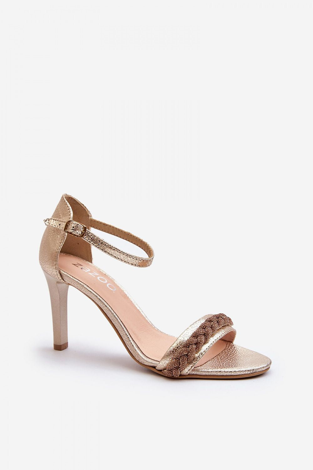 Elegant Elvarisse Zirconia Leather Stiletto Sandals with adjustable ankle strap and shimmering front detailing.