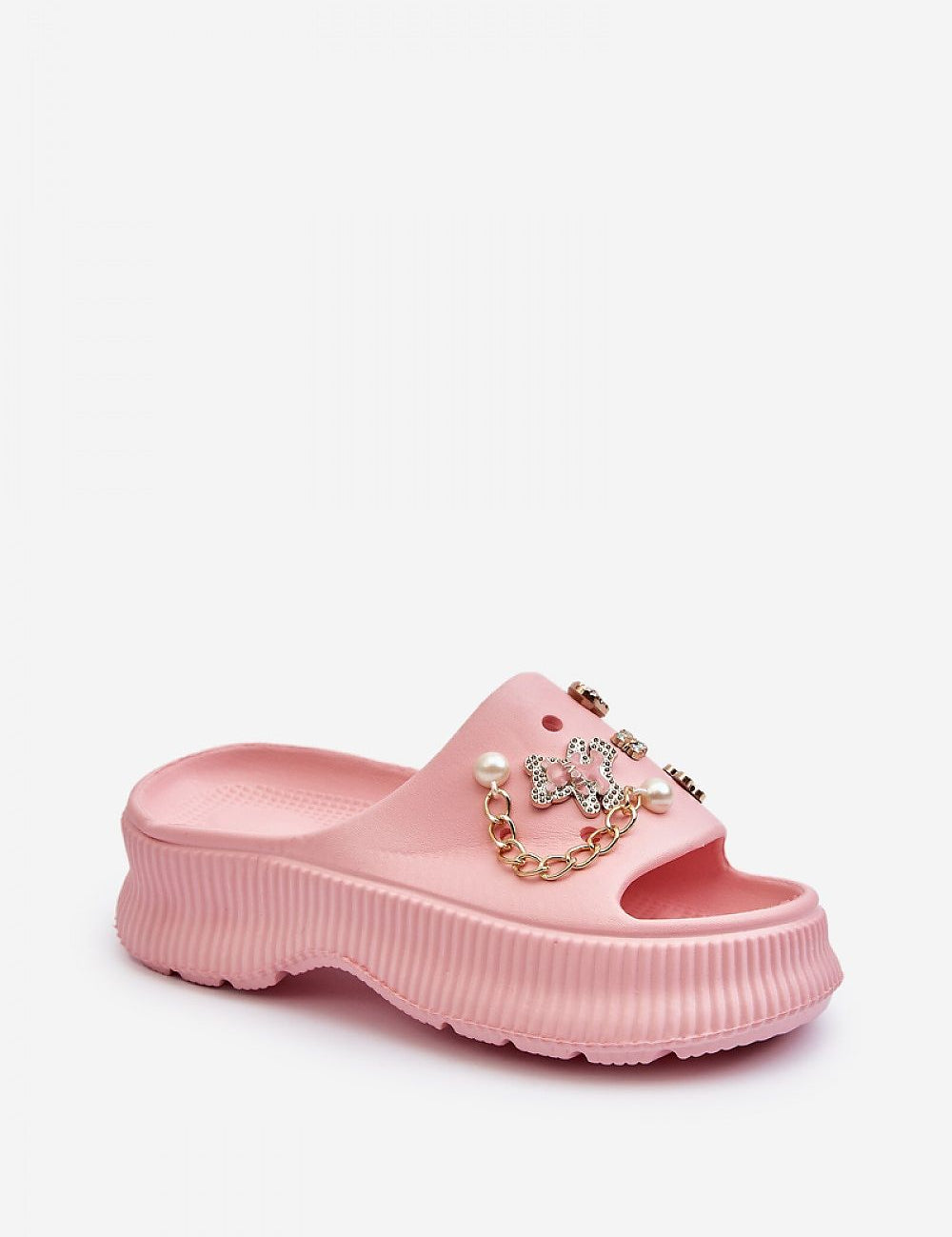Pink Orminya foam platform slides with decorative accents and thick sole, offering comfort and height for warm-weather styling.