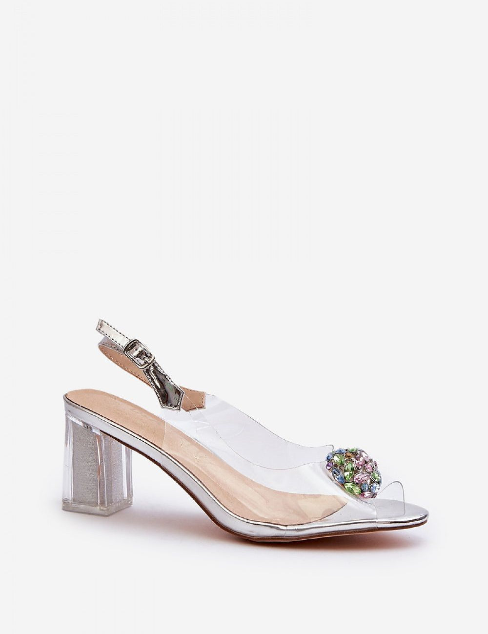 Clear stiletto sandal with decorative front stone and adjustable strap, featuring a sleek design and natural leather insole.