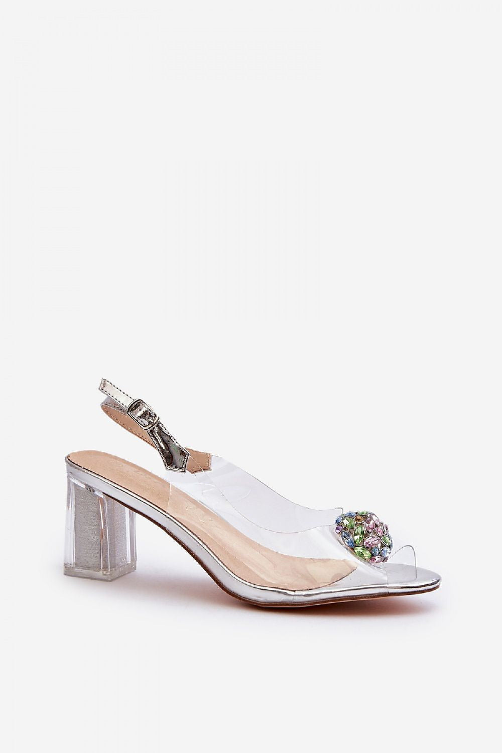 Clear stiletto sandal with decorative front stone and adjustable strap, featuring a sleek design and natural leather insole.
