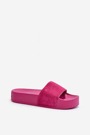 Zanurea Suede Platform Slide Sandal with wide suede strap and solid platform base, vibrant pink color, perfect for casual movement.