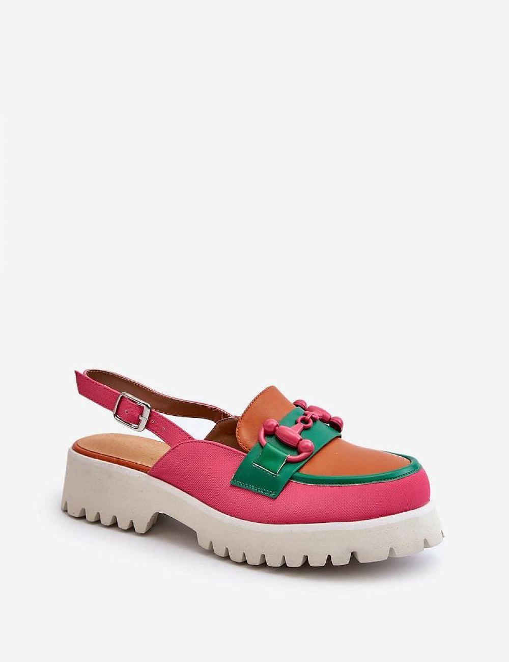Larivena Buckled Low Platform Sandals in pink, orange, and green eco leather with adjustable strap and raised sole for comfort.