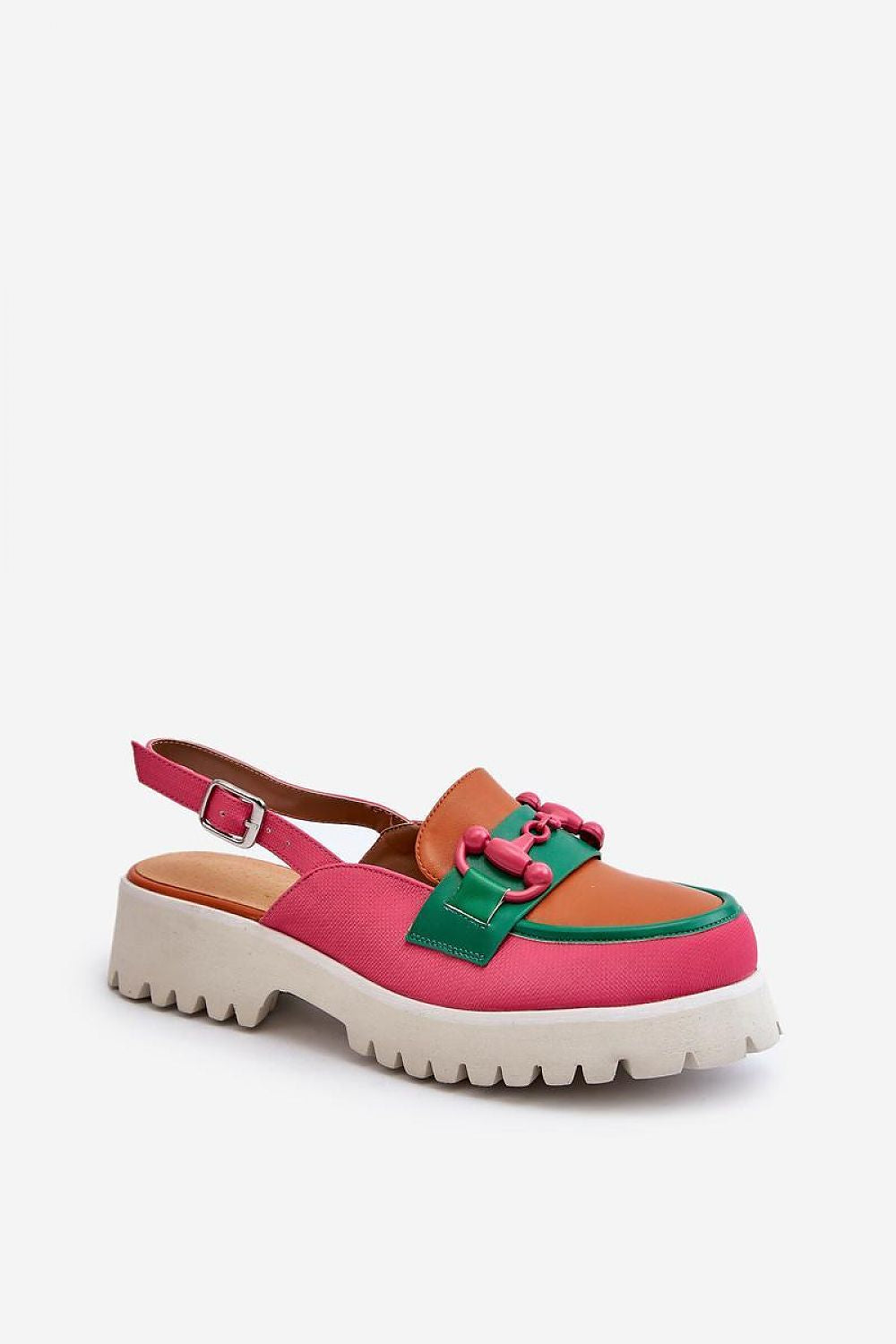 Larivena Buckled Low Platform Sandals in pink, orange, and green eco leather with adjustable strap and raised sole for comfort.
