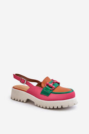 Larivena Buckled Low Platform Sandals in pink, orange, and green eco leather with adjustable strap and raised sole for comfort.