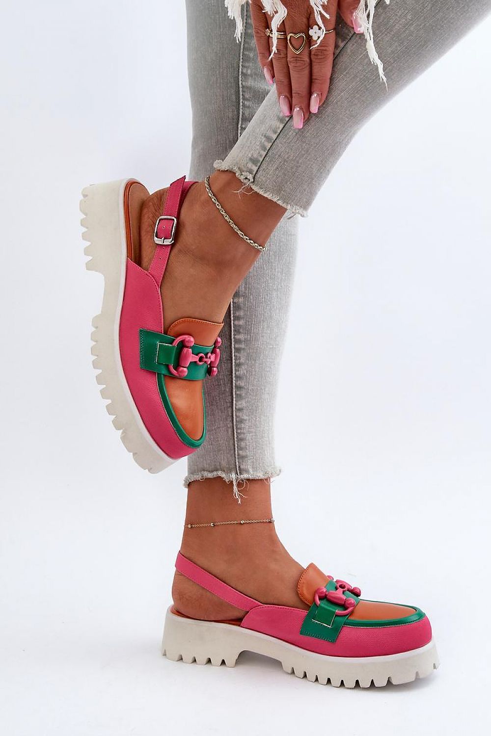 Larivena Buckled Low Platform Sandals in pink and green, featuring eco-friendly leather with adjustable straps for comfort and style.