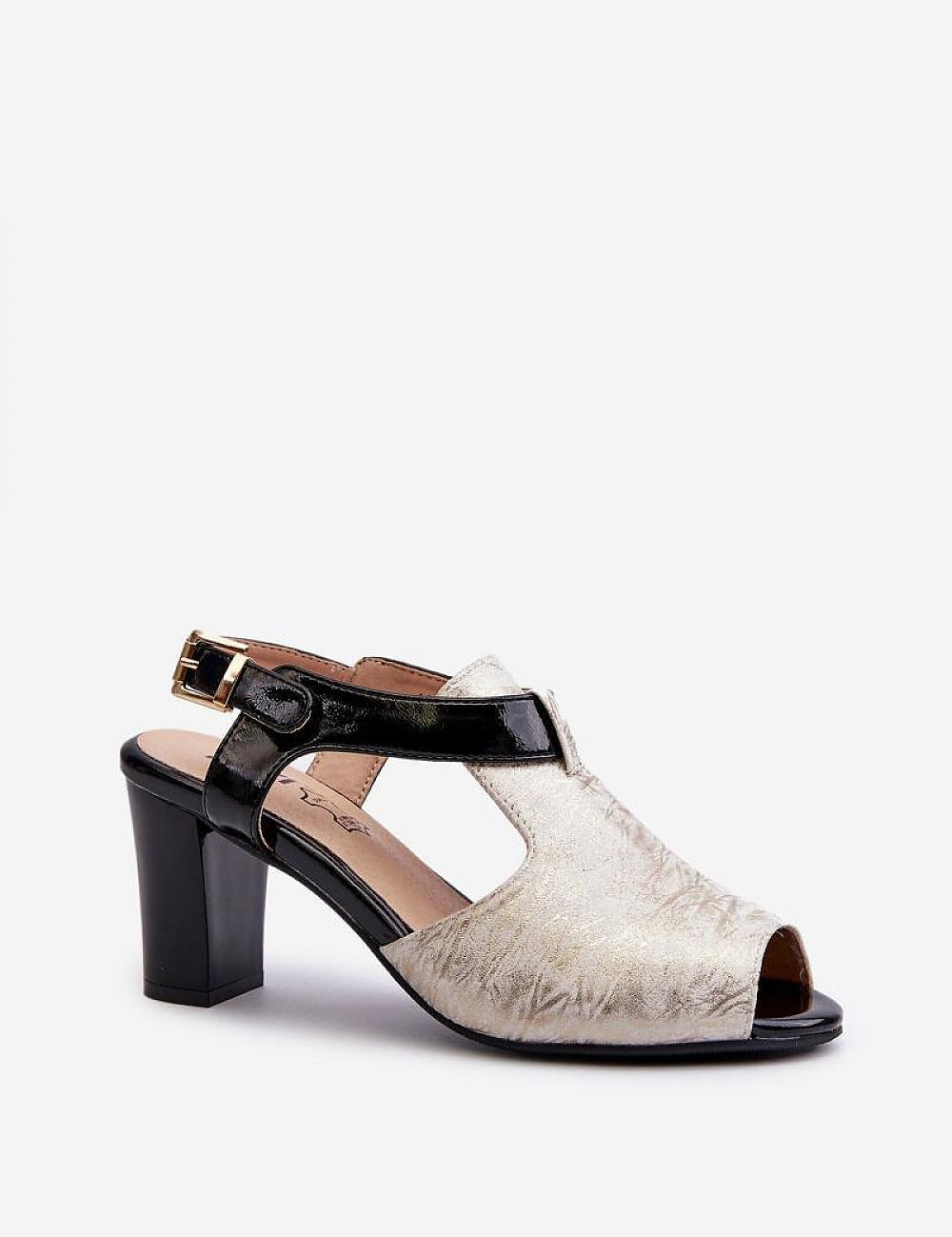 Esmira Post Heel Strap Sandals in black and beige eco leather with buckle strap, featuring cushioned insole and structured post heel for comfort.