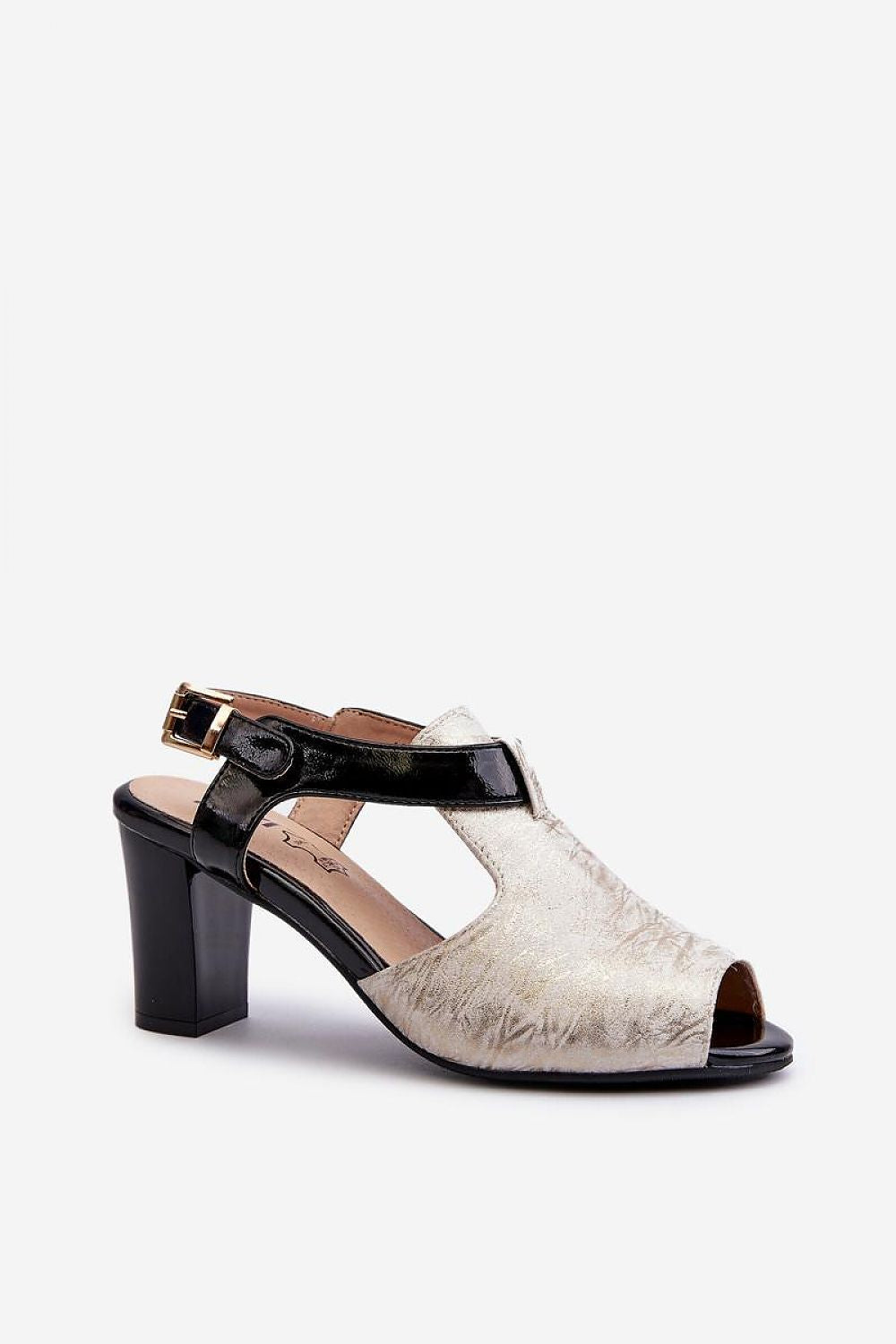 Esmira Post Heel Strap Sandals in black and beige eco leather with buckle strap, featuring cushioned insole and structured post heel for comfort.