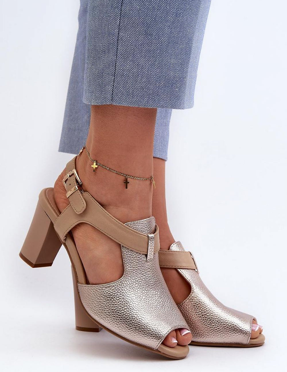 Esmira Post Heel Strap Sandals in eco leather, featuring a buckle strap and cushioned insole for comfort and style