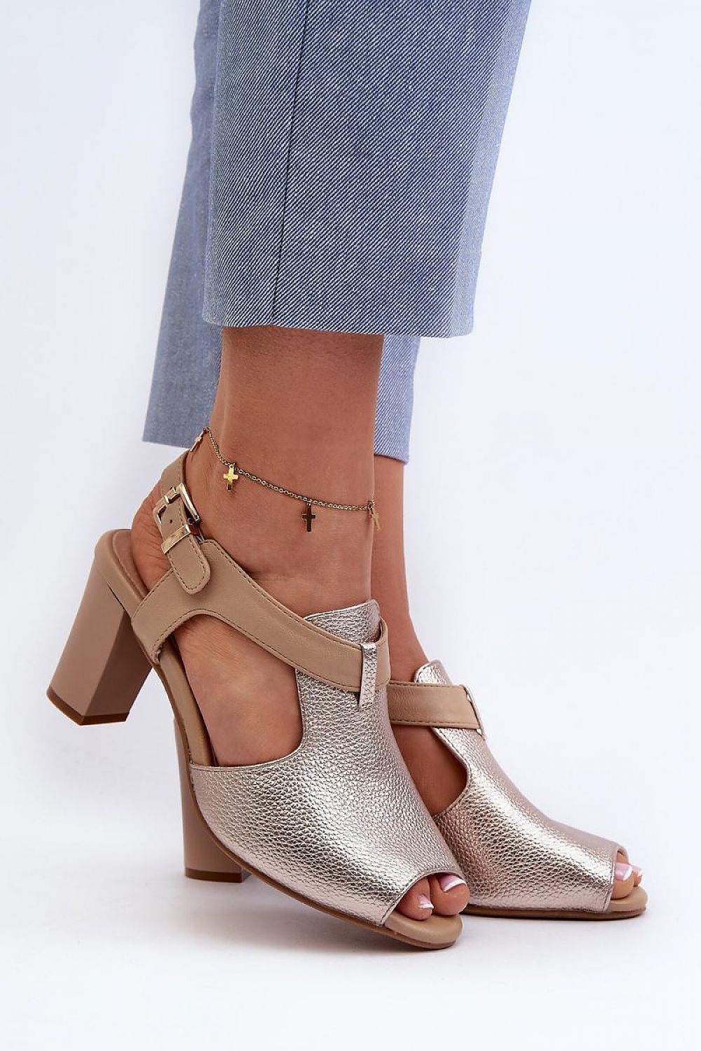 Esmira Post Heel Strap Sandals in eco leather, featuring a buckle strap and cushioned insole for comfort and style