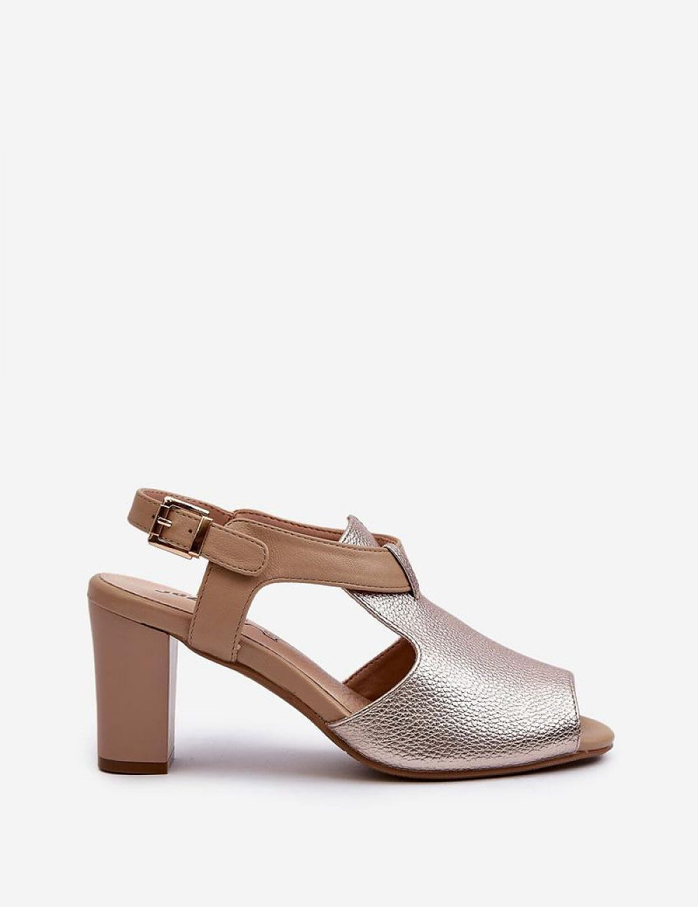 Side view of Esmira Post Heel Strap Sandals in metallic eco leather with adjustable buckle and cushioned insole for comfort.
