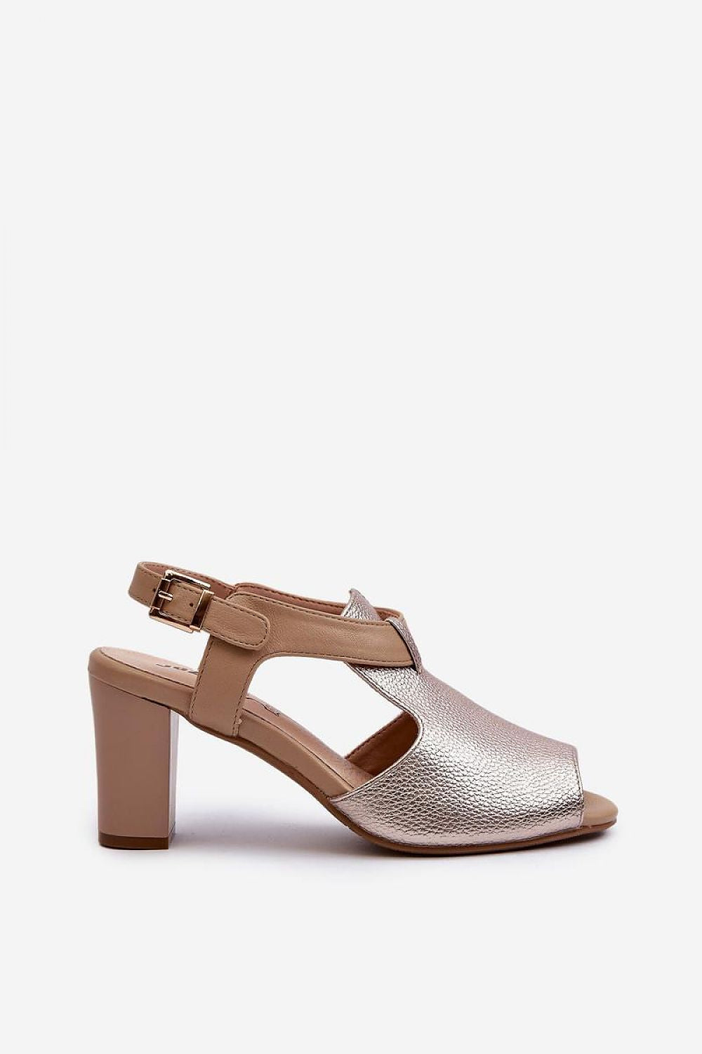 Side view of Esmira Post Heel Strap Sandals in metallic eco leather with adjustable buckle and cushioned insole for comfort.