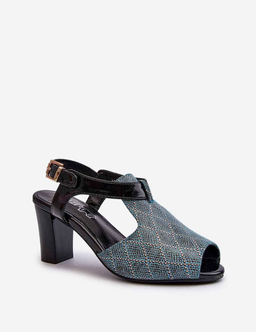 Carelia Buckled Post Heel Sandals in eco leather with adjustable strap and post heel, featuring a modern design and comfortable fit.