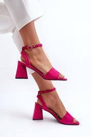 Solavine High Suede Strap Sandals in pink with block heels, showcasing eco suede material and adjustable ankle strap for a sleek look.