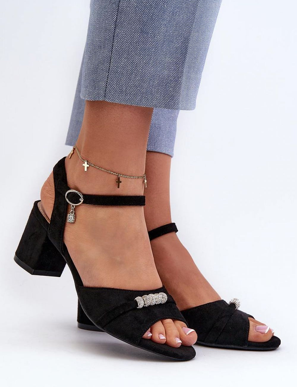Avenari Soft Suede Embellished Sandals with imitation leather, classic post heel, ideal for summer events.