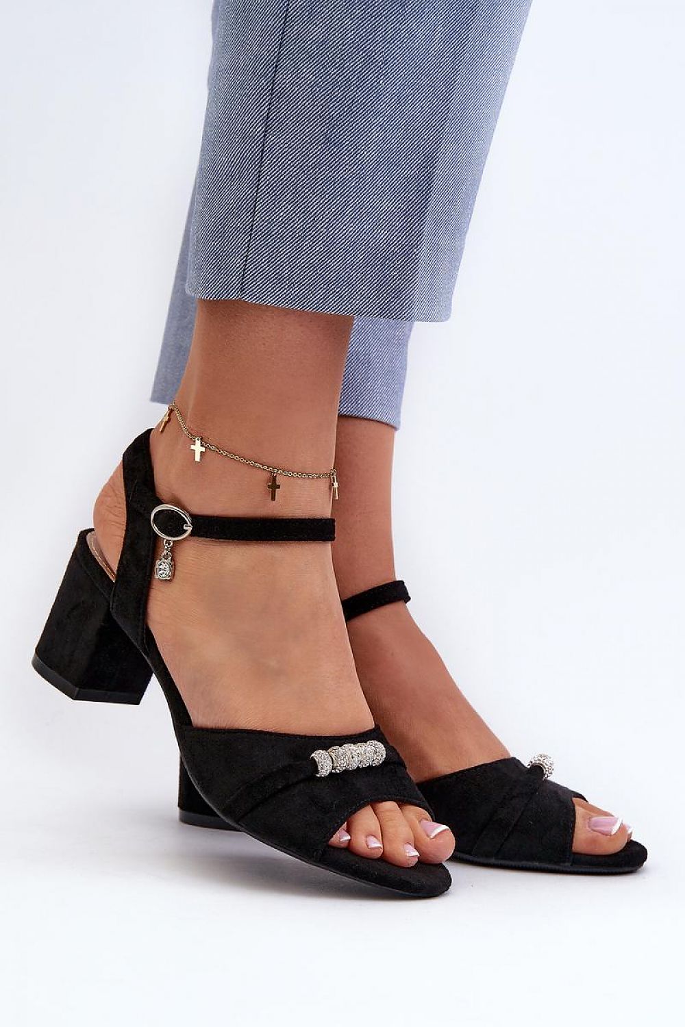 Avenari Soft Suede Embellished Sandals with imitation leather, classic post heel, ideal for summer events.