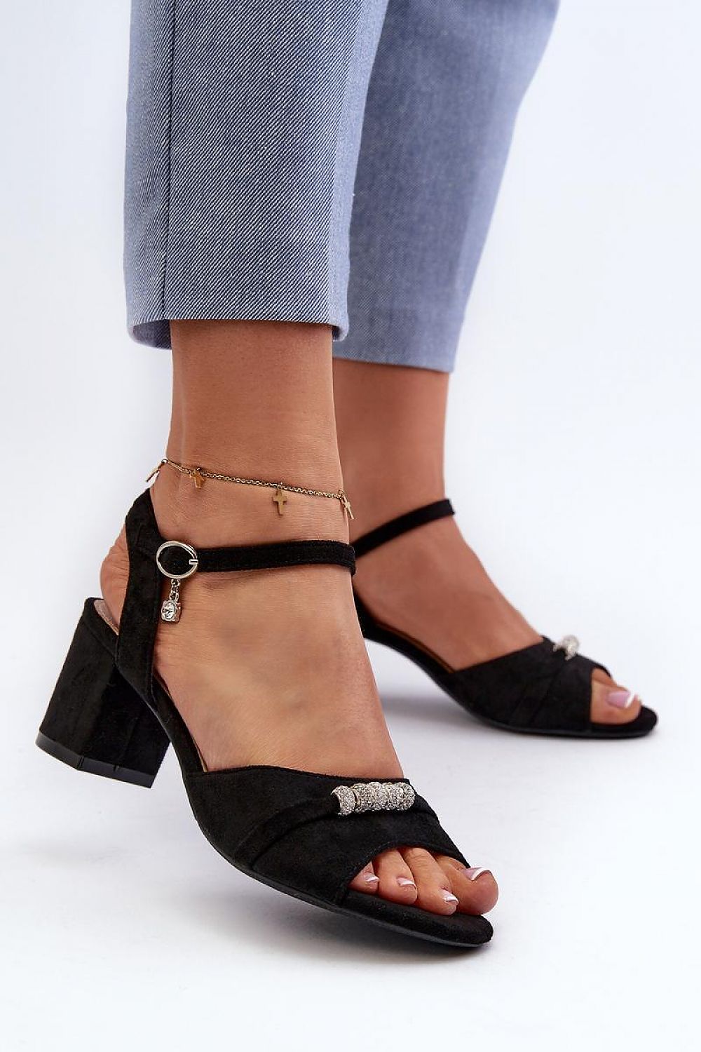 Avenari Soft Suede Embellished Sandals in black with a classic post heel, featuring a velvety eco-suede finish and minimal accents.