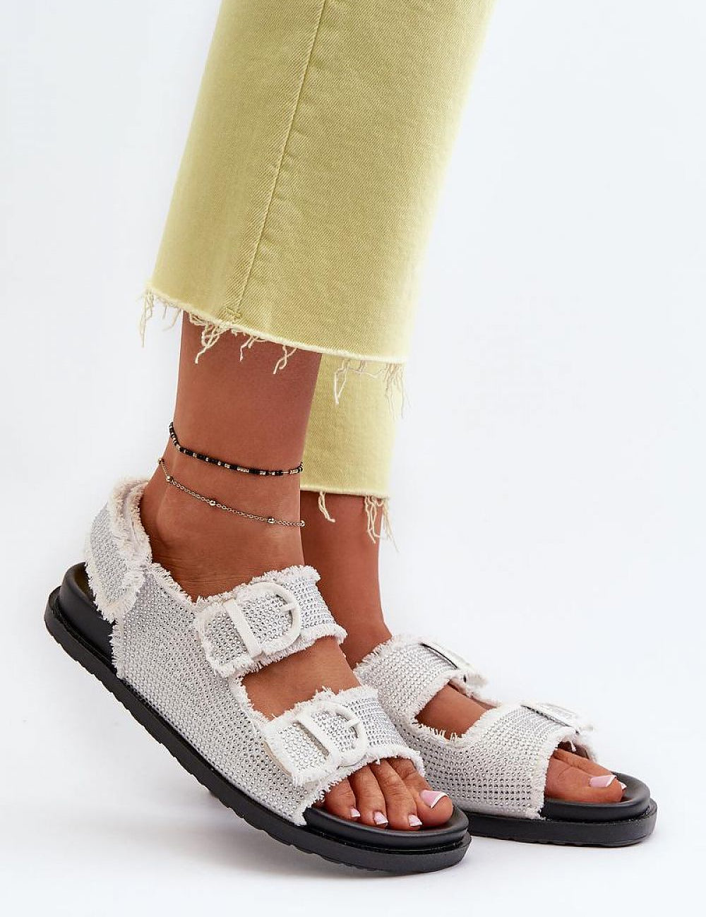 Woman wearing Delmira Textile Platform Strap Sandals with soft straps and Velcro fastening, ideal for wide feet, casual and evening wear.