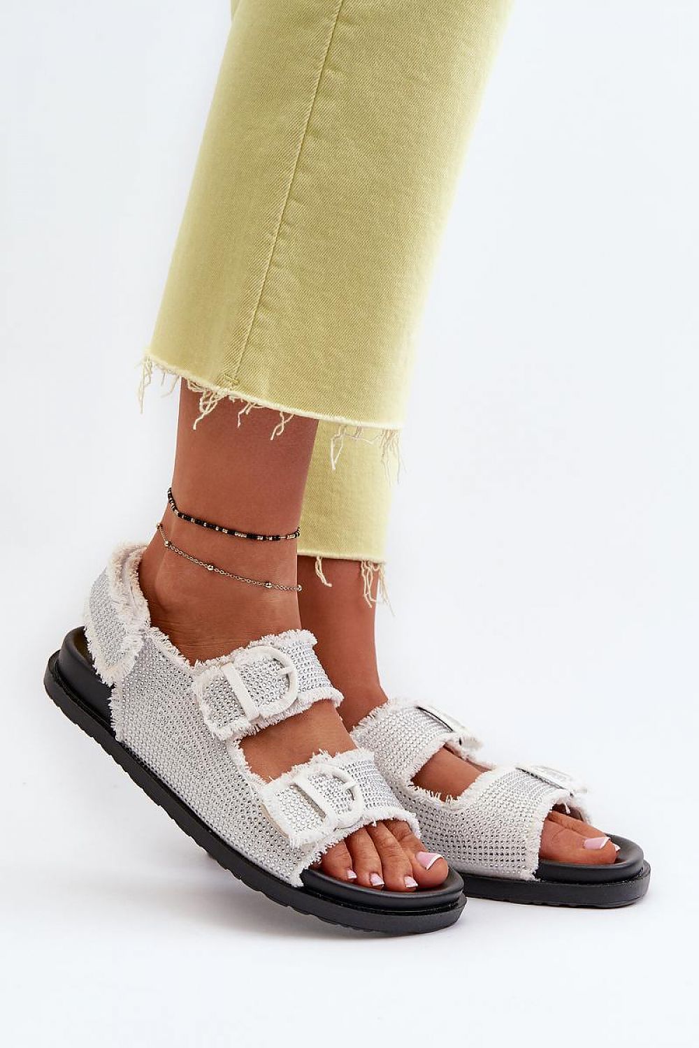 Woman wearing Delmira Textile Platform Strap Sandals with soft straps and Velcro fastening, ideal for wide feet, casual and evening wear.