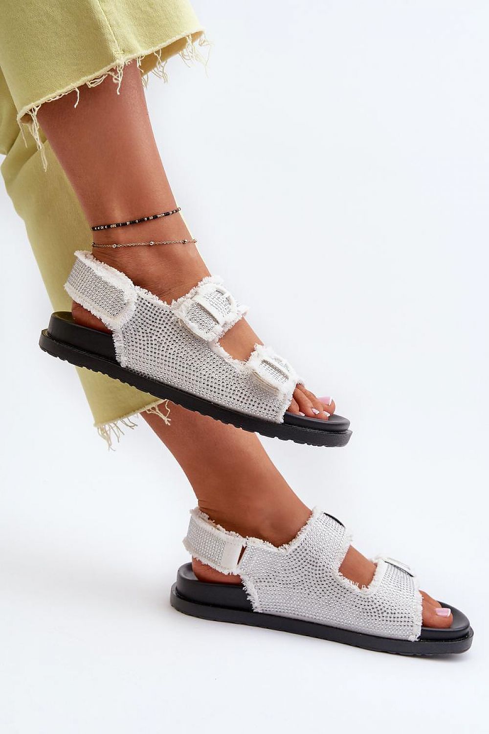 Delmira Textile Platform Strap Sandals in white, featuring Velcro fastening, worn by model with yellow pants. Ideal for wider feet.