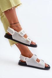 Delmira Textile Platform Strap Sandals in white, featuring Velcro fastening, worn by model with yellow pants. Ideal for wider feet.