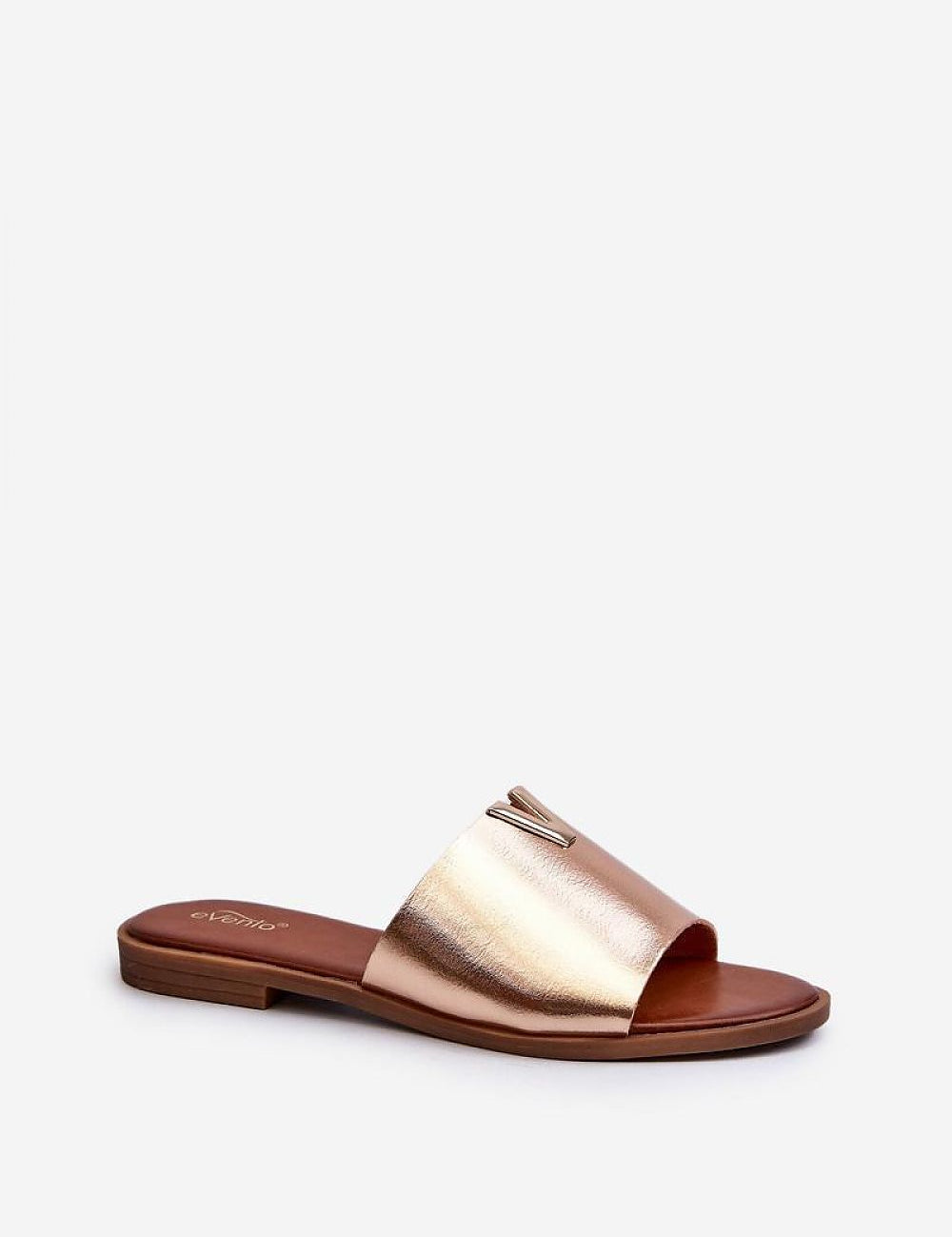 Talvera flat slide with gold detail, made of eco leather, featuring a slim heel, perfect for refined or relaxed summer style.