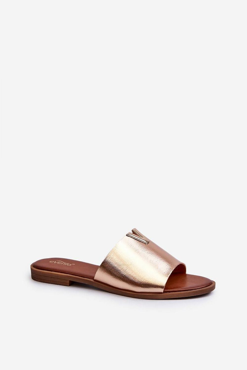 Talvera flat slide with gold detail, made of eco leather, featuring a slim heel, perfect for refined or relaxed summer style.