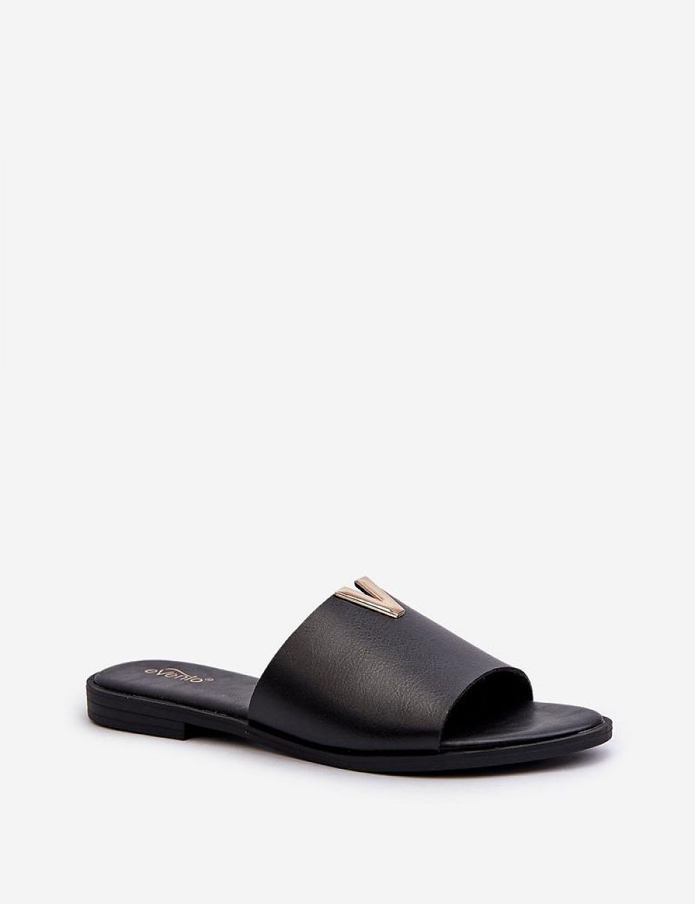 Talvera Flat Slides in black eco leather with gold accent, minimal design, perfect for summer fashion.