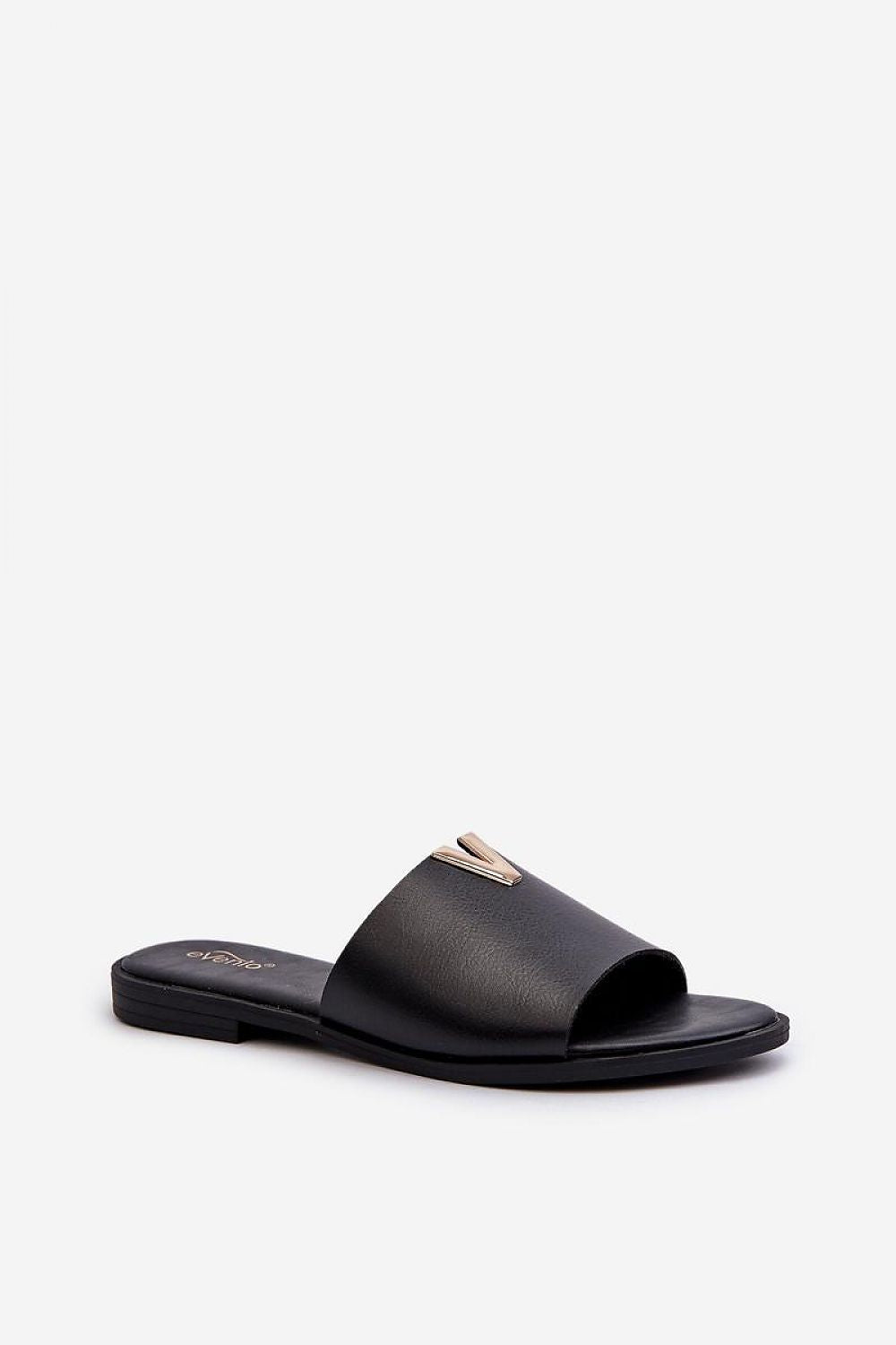 Talvera Flat Slides in black eco leather with gold accent, minimal design, perfect for summer fashion.
