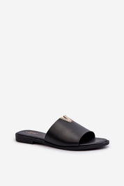 Talvera Flat Slides in black eco leather with gold accent, minimal design, perfect for summer fashion.
