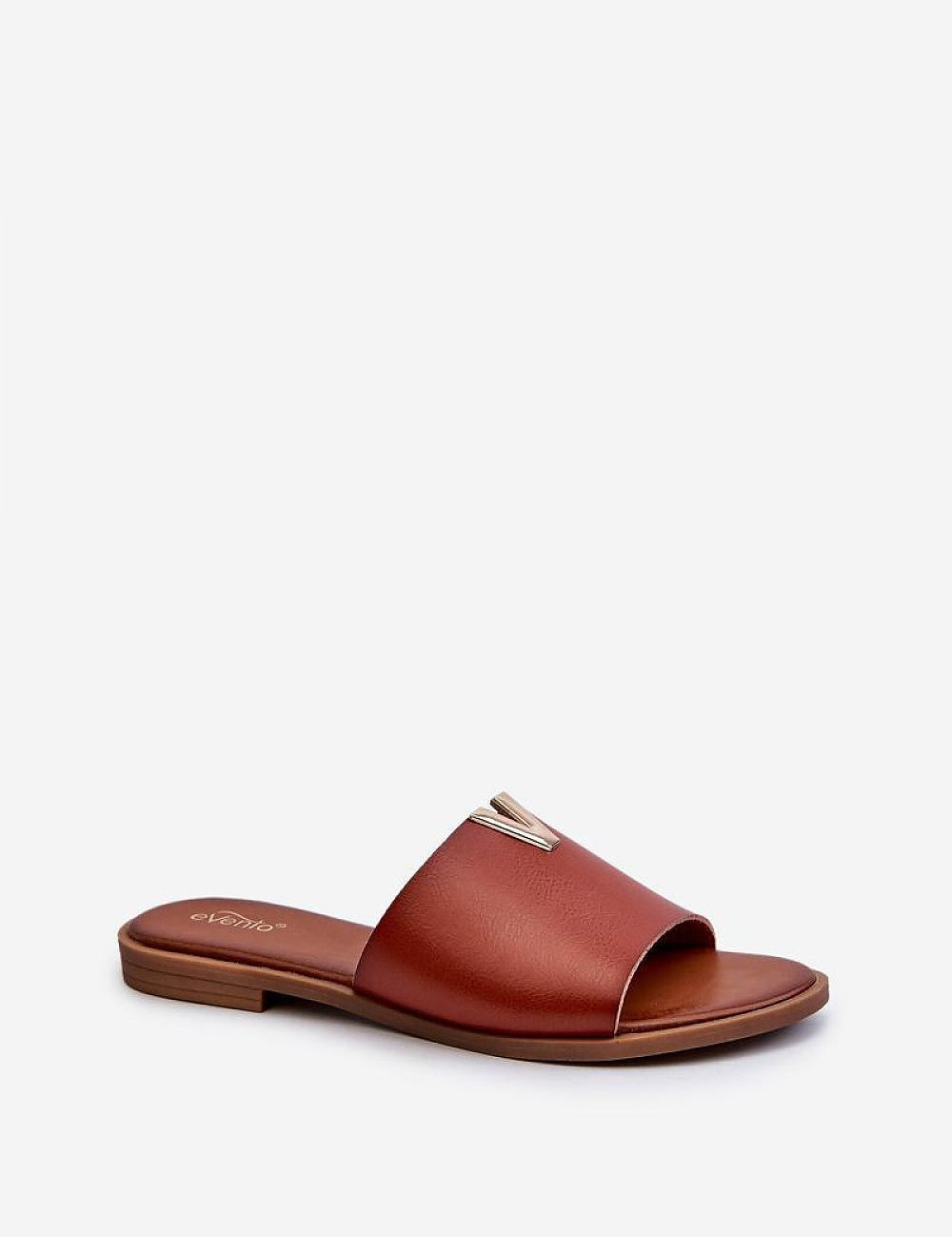 Talvera flat slide in smooth eco leather with gold accent on upper, ideal for elegant summer style and comfort.