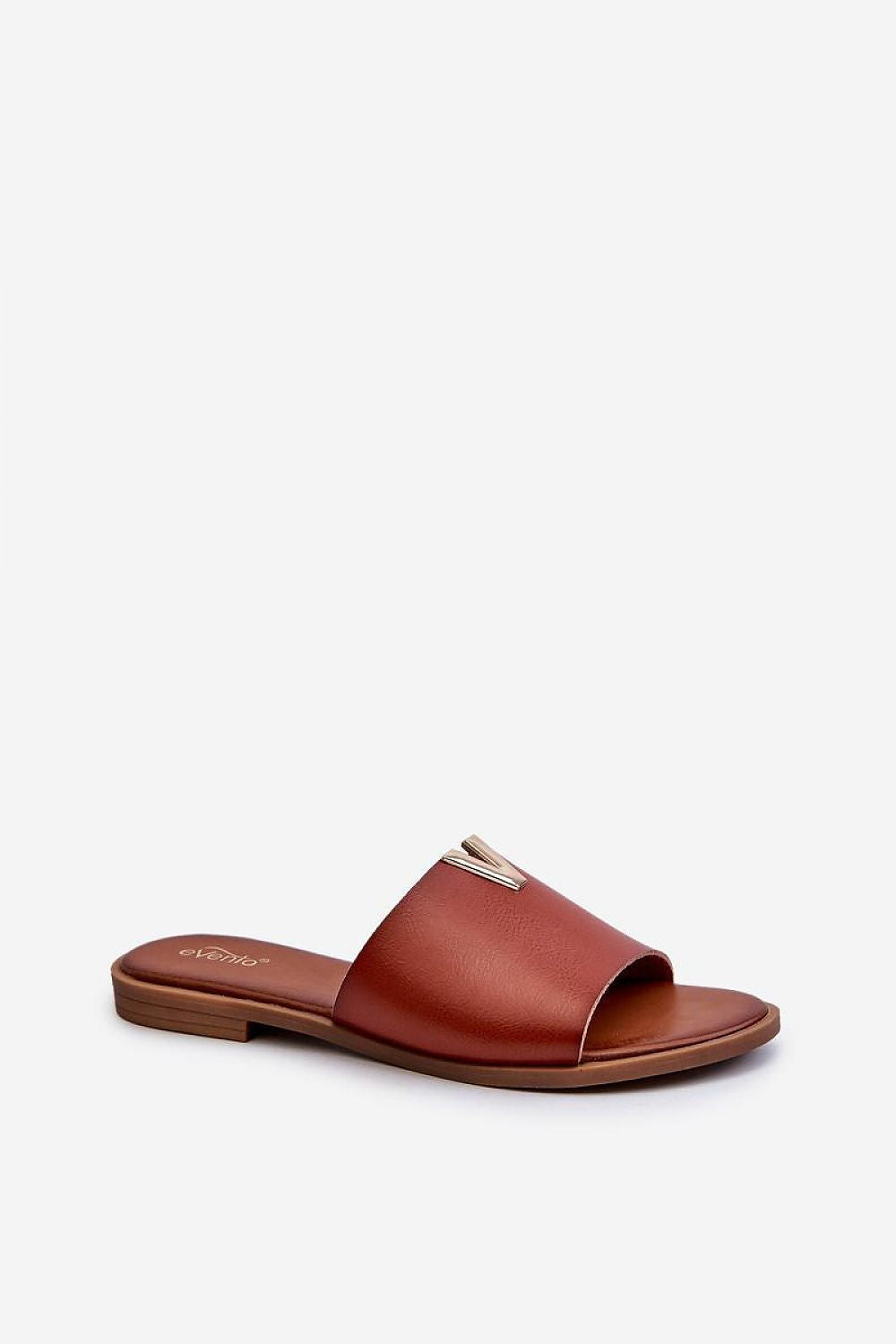 Talvera flat slide in smooth eco leather with gold accent on upper, ideal for elegant summer style and comfort.