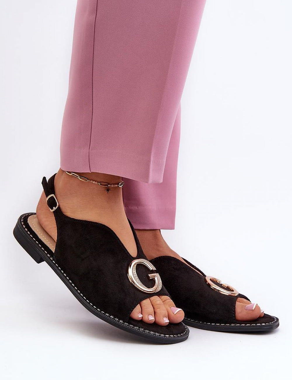 Veralya suede sandals with gold accent and adjustable ankle strap, featuring imitation leather upper and low-profile heel.