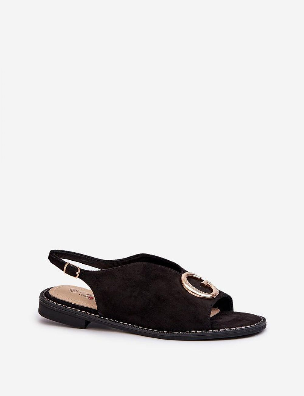 Veralya black suede sandals with gold accent and adjustable ankle strap, featuring a low-profile heel and imitation leather upper.