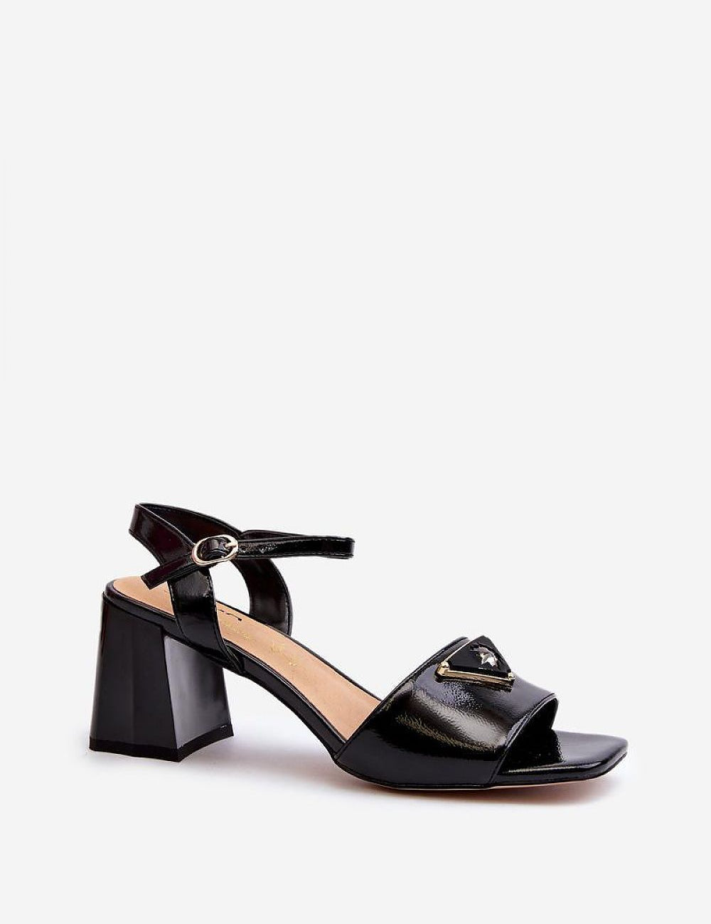 Cirellia Gloss Block Heel Sandals in black lacquered eco leather with decorative front accent, mid-height heel, and adjustable strap.