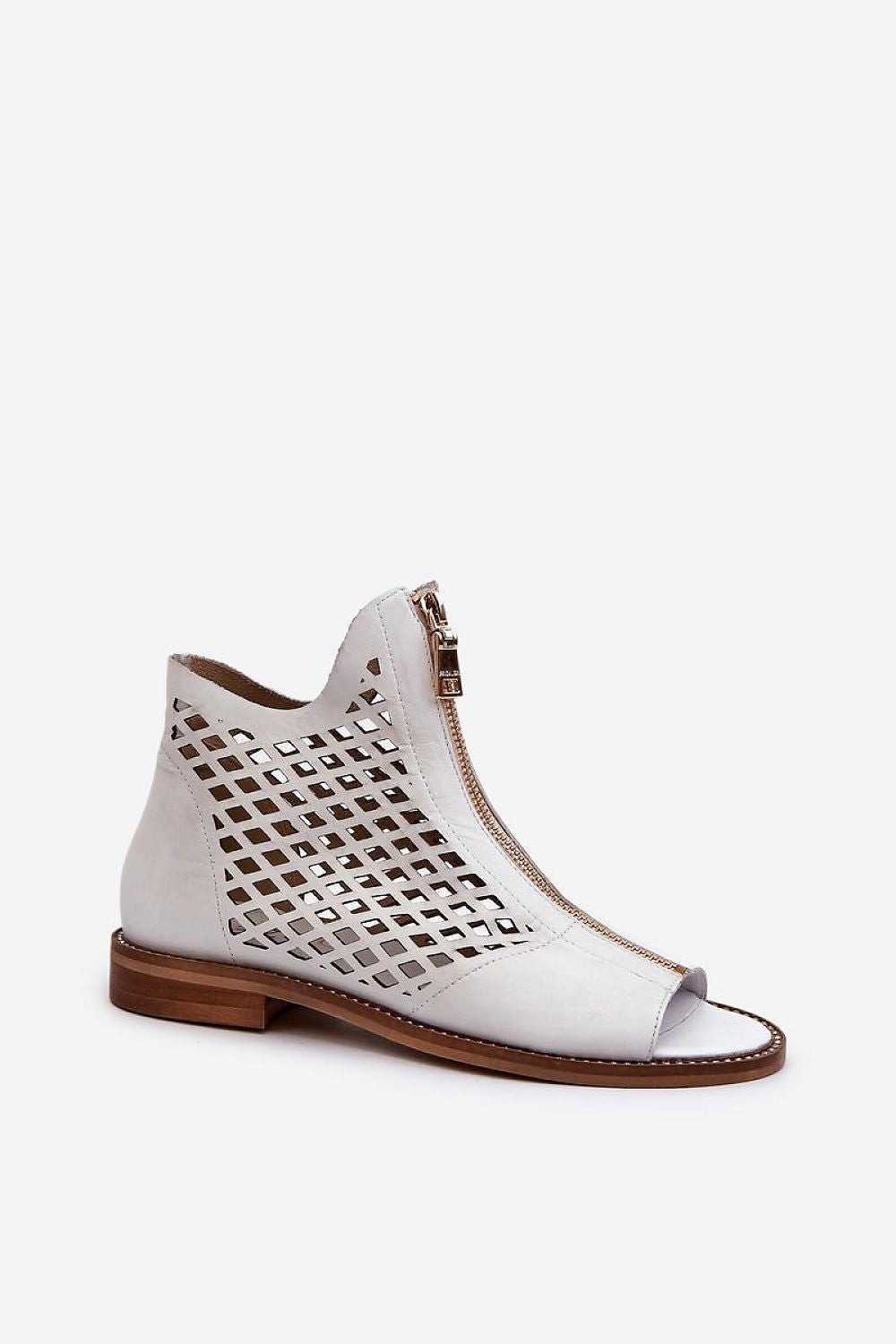 Almeryn Zipped Openwork Flat Sandals with breathable leather design and front zipper, featuring delicate sole zircons.