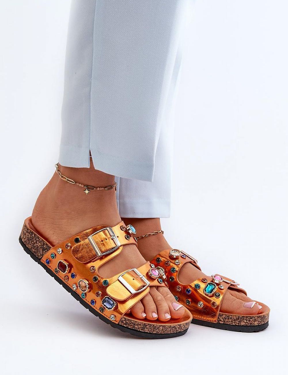 Merelina Crystal Buckle Platform Slides with eco leather and cork-inspired sole, featuring colorful crystal embellishments and adjustable straps.