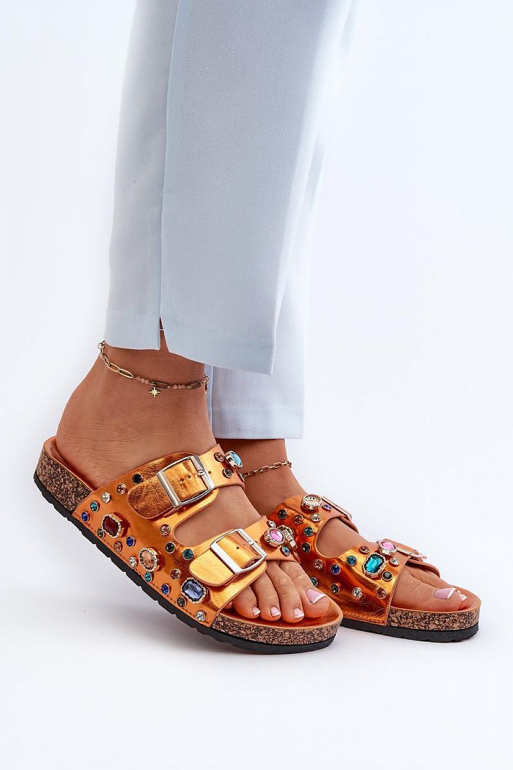 Merelina Crystal Buckle Platform Slides with eco leather and cork-inspired sole, featuring colorful crystal embellishments and adjustable straps.