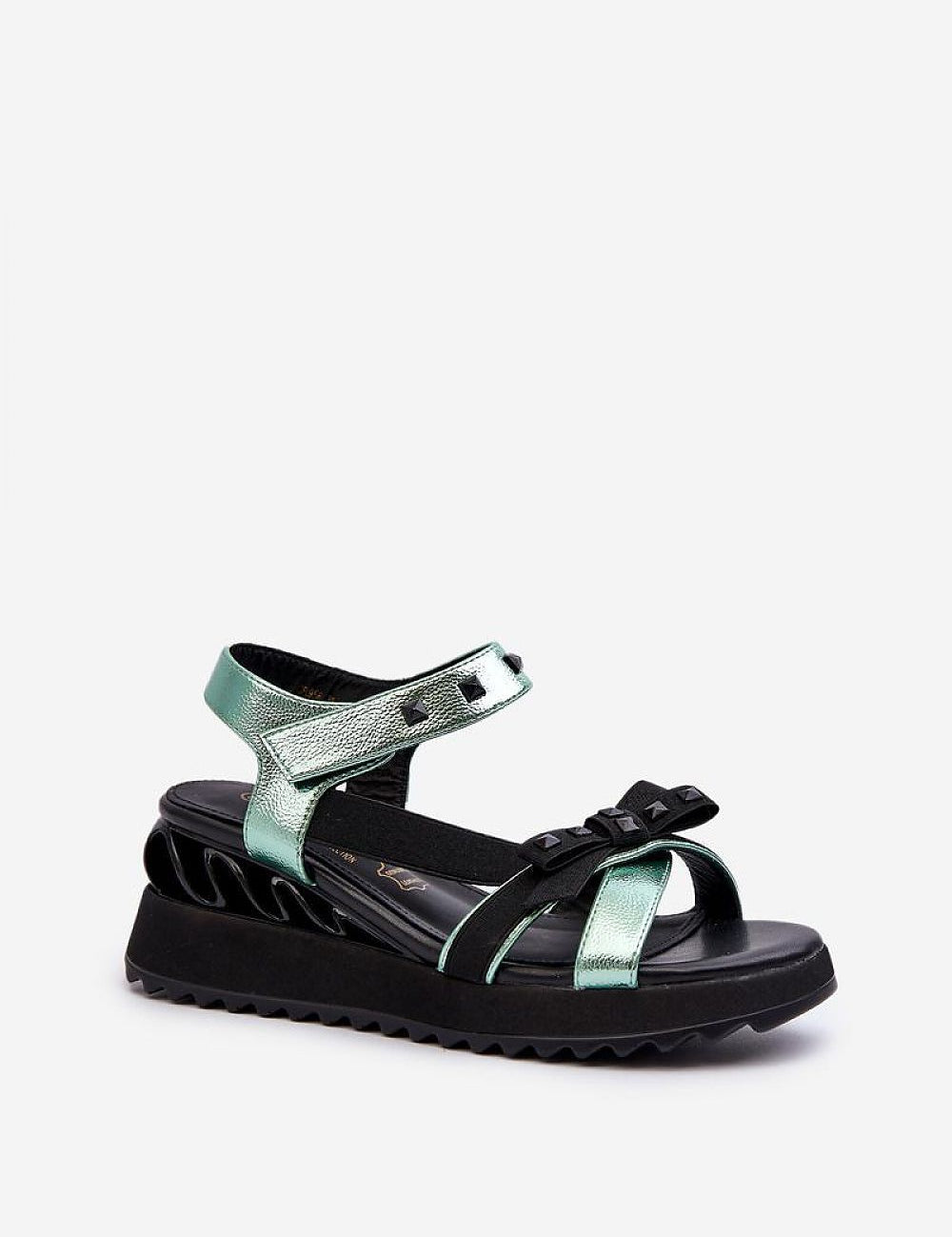 Aurelline Strap Bow Wedge Sandals with green artificial leather upper, black wedge heel, and bow detail, featuring Velcro closure.