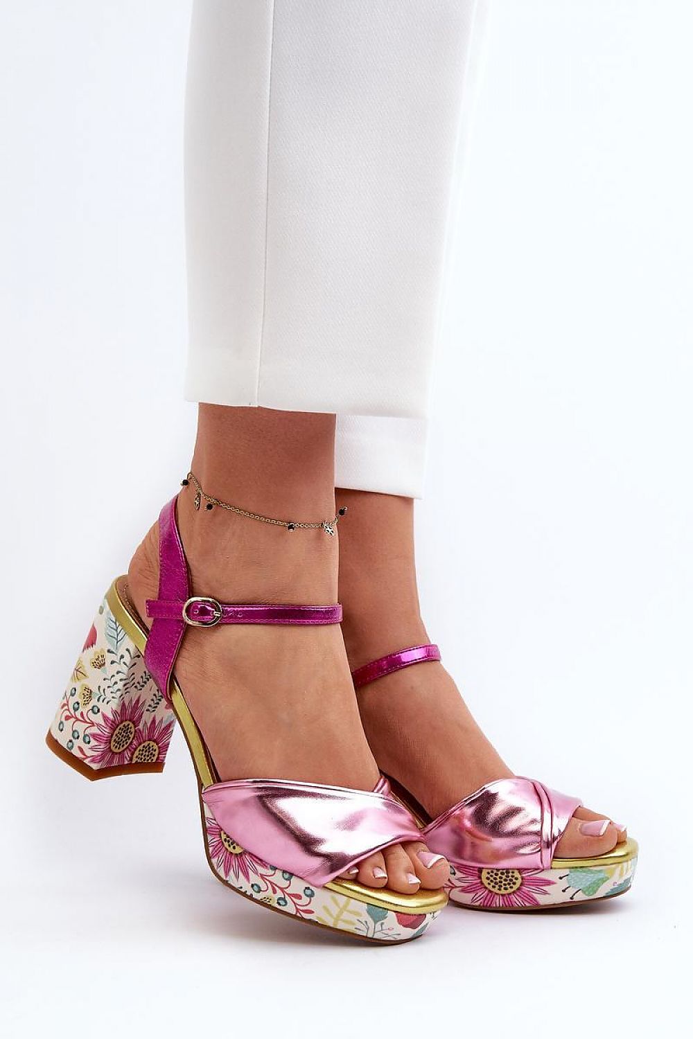 Florvella Patterned Block Heel Sandals with floral design, pink artificial leather, block heel, and adjustable buckle strap.
