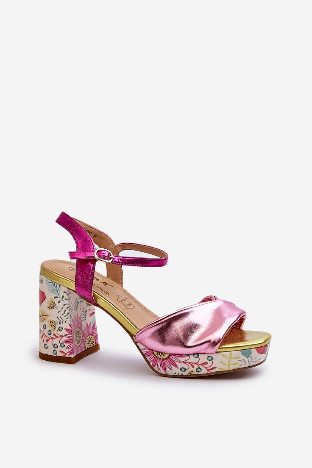 Florvella Patterned Block Heel Sandals with pink artificial leather and floral details, featuring an adjustable buckle strap.