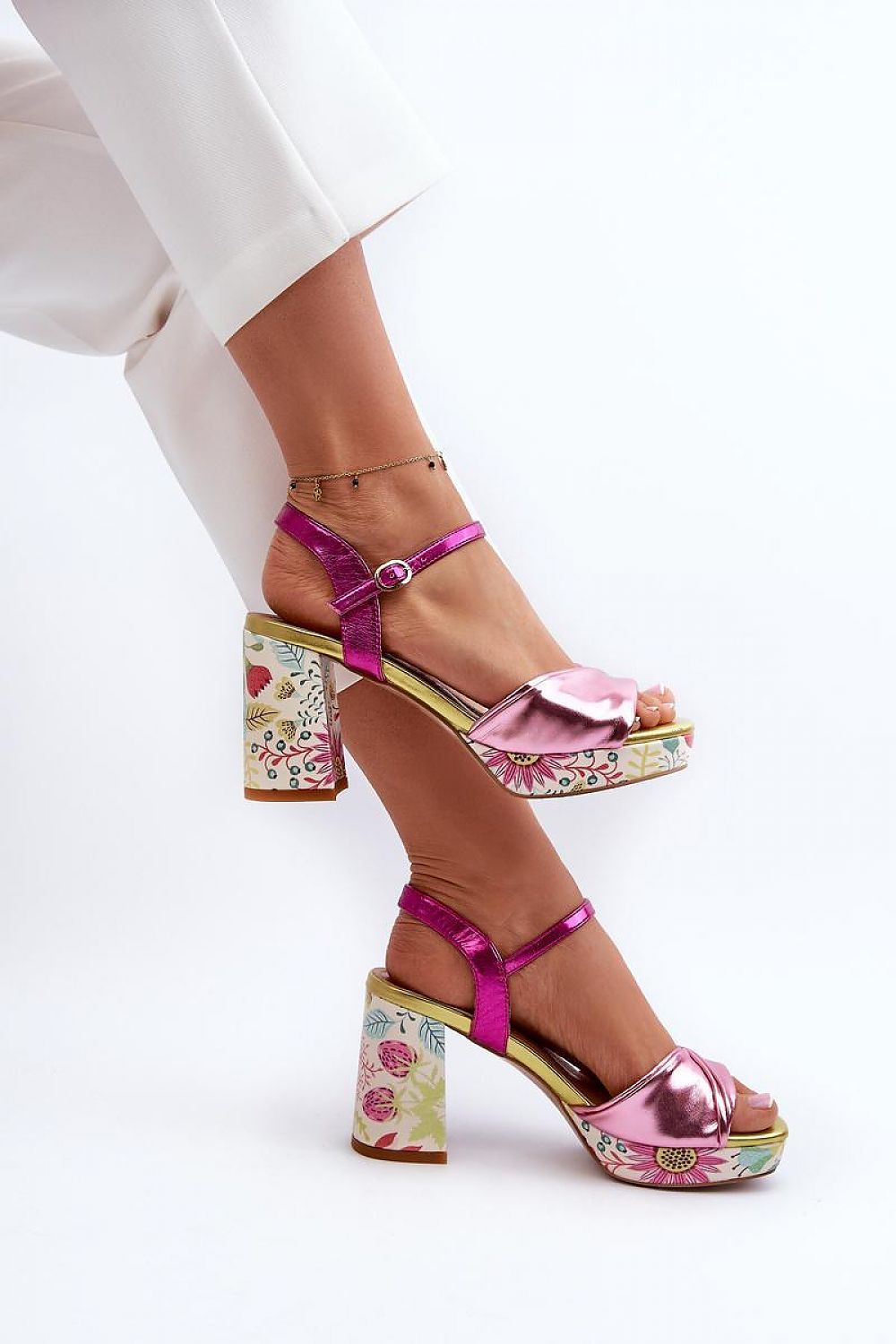 Florvella Patterned Block Heel Sandals with floral design, artificial leather upper, pink strap, and stable block heel, worn by model.