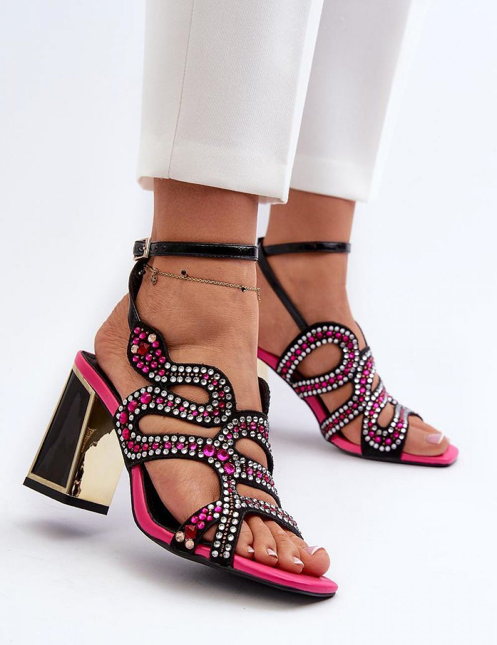 Elianta Crystal Block Heel Sandals with embellished upper and suede-like texture, featuring high block heel and adjustable strap.