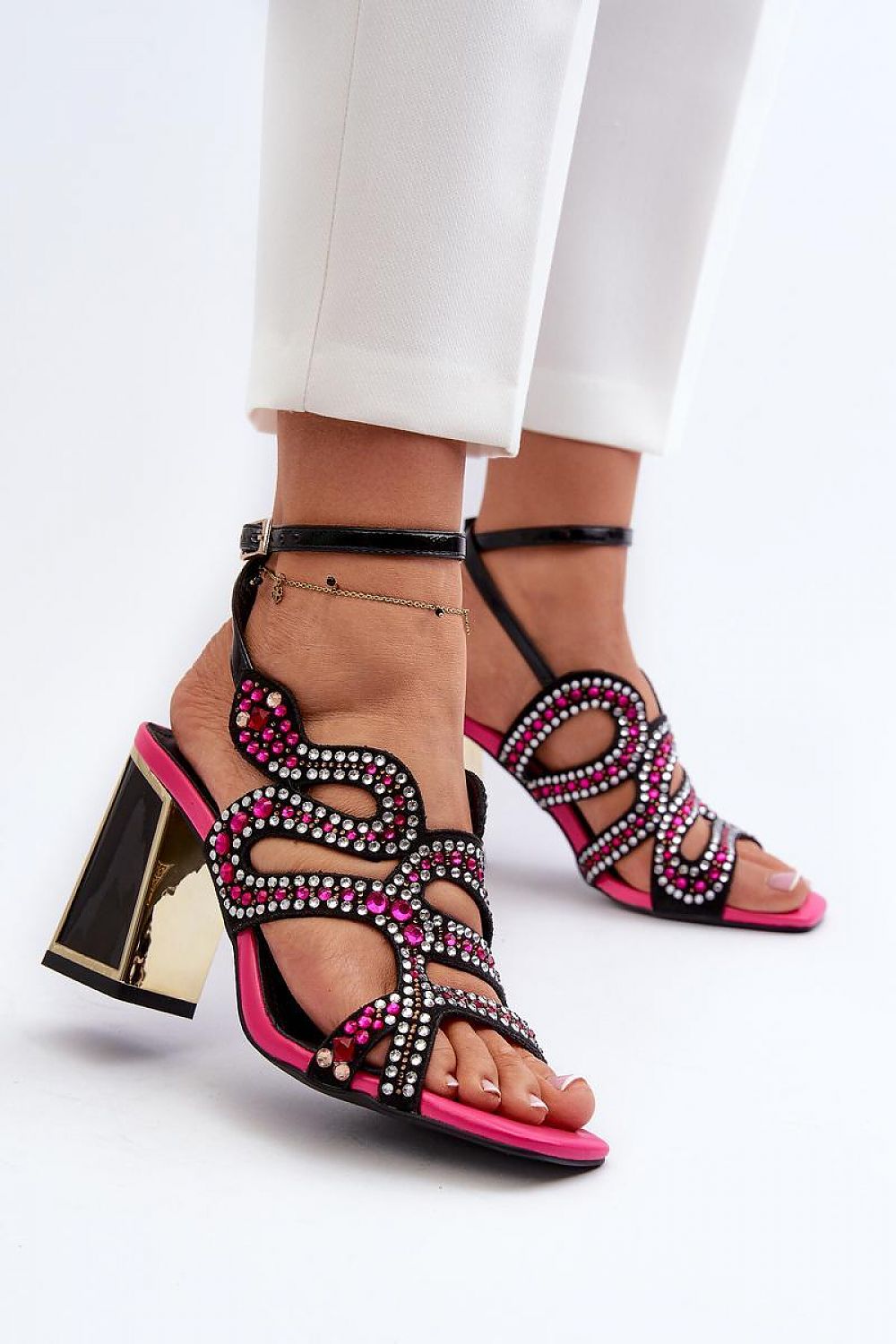 Elianta Crystal Block Heel Sandals with embellished upper and suede-like texture, featuring high block heel and adjustable strap.