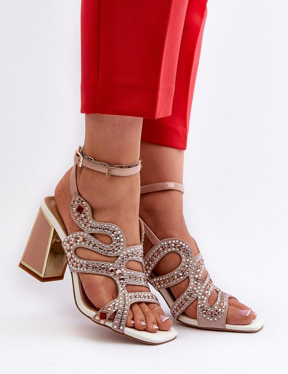 Elianta Crystal Block Heel Sandals with suede-like upper, elegant embellishments, and a sleek ankle strap for a sophisticated look.