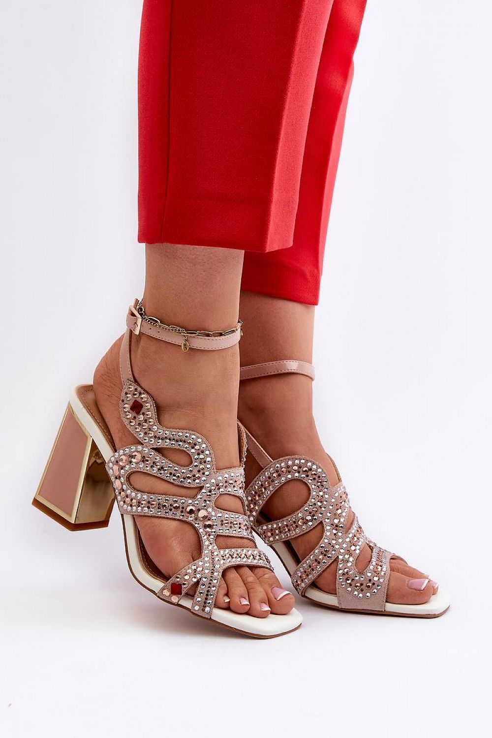 Elianta Crystal Block Heel Sandals with suede-like upper, elegant embellishments, and a sleek ankle strap for a sophisticated look.