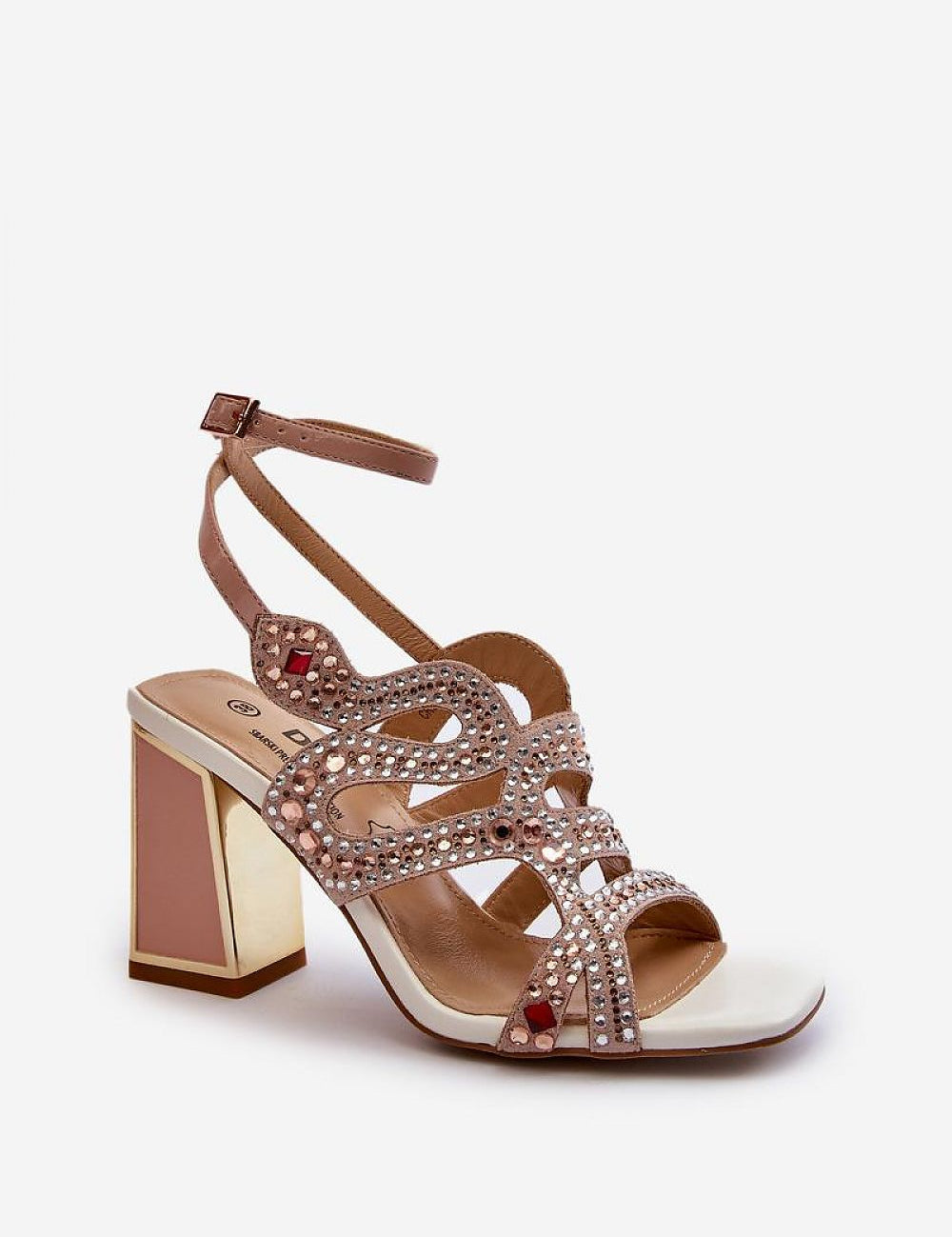 Elianta Crystal Block Heel Sandals with embellishments, suede-like upper, and adjustable strap for elegant and confident style.