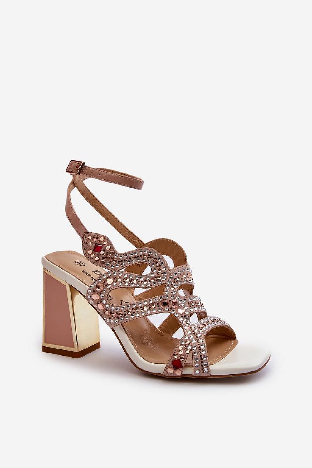 Elianta Crystal Block Heel Sandals with embellishments, suede-like upper, and adjustable strap for elegant and confident style.